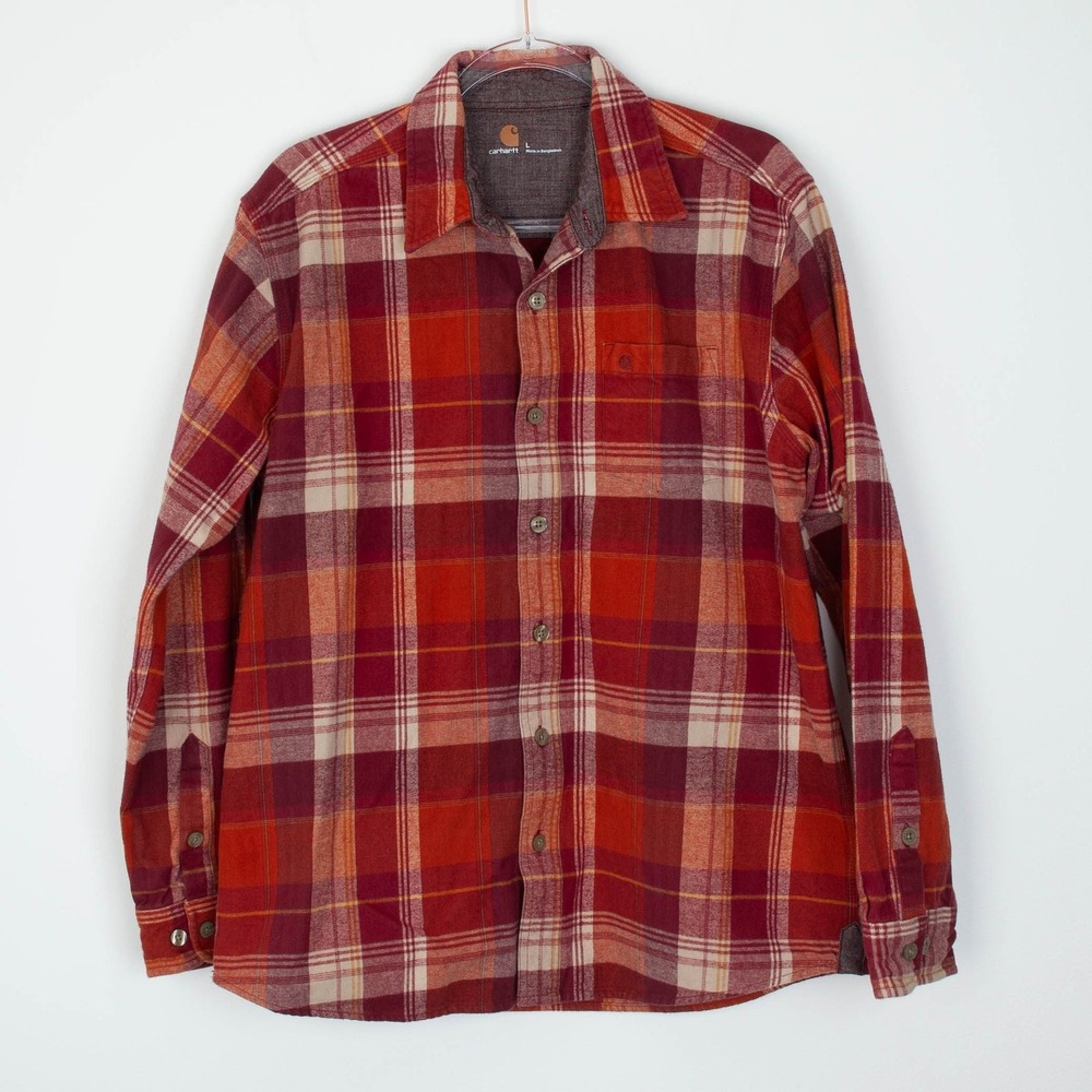 Carhartt Mens Button Up Flannel Shirt Size L Red Plaid Heavyweight‎ Chore Barn